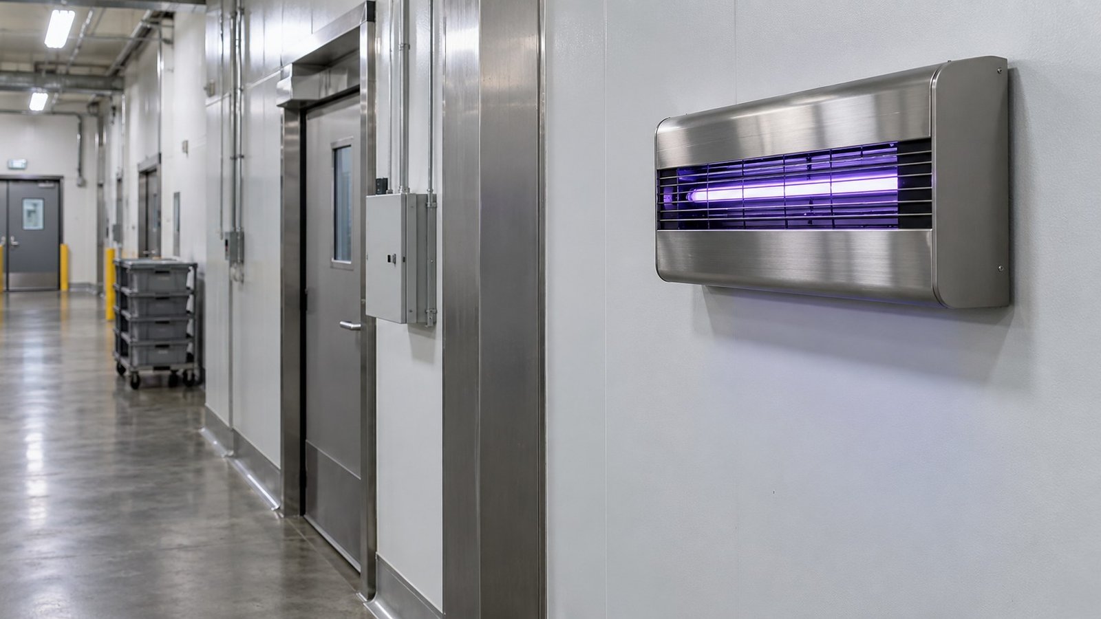 Trampa de luz UV-A en un pasillo de servicio industrial