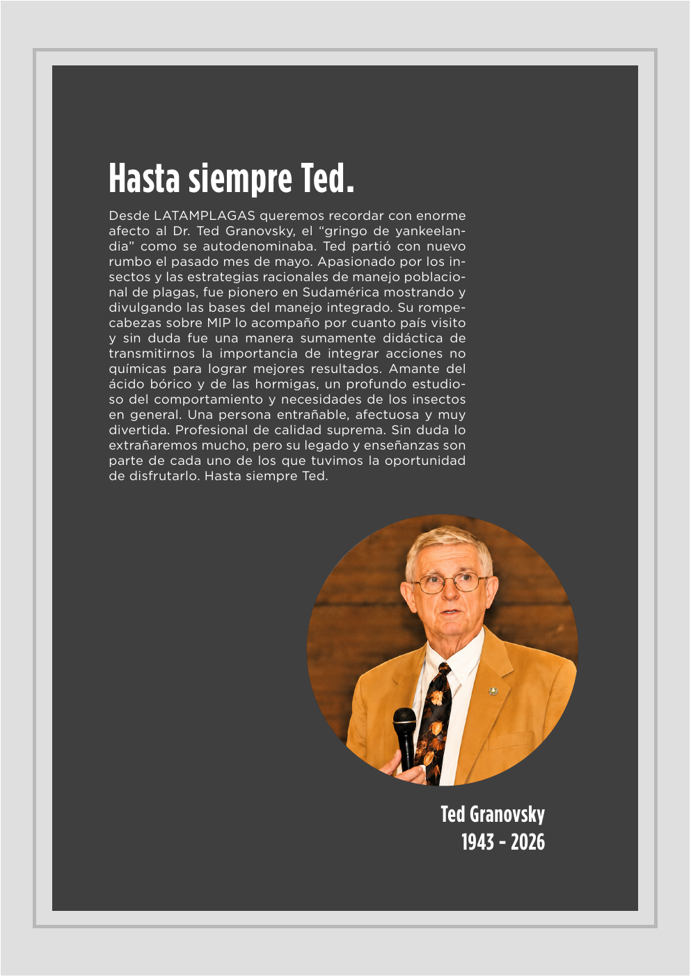 Homenaje al Dr. Ted Granovsky en la edición 19 de Latam Plagas