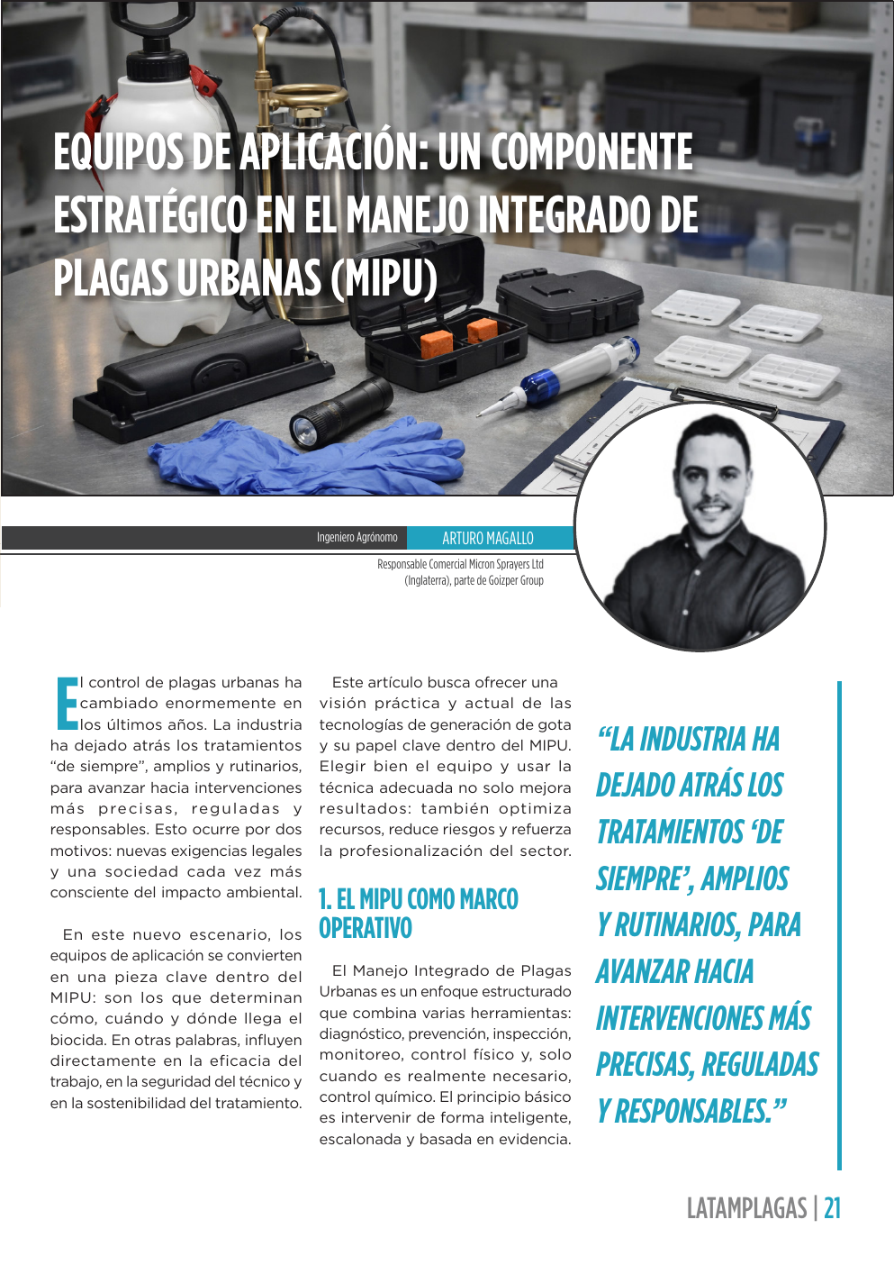 Apertura del artículo sobre equipos de aplicación en Manejo Integrado de Plagas Urbanas
